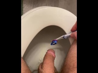Sitting them to piss using toothbrush hard to reach places stepmom bathroom stepsister