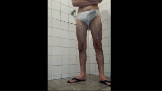 Skinny Guy Taking A Shower In White Underwear