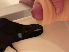 Use pocket pussy to cum on wife’s black thong
