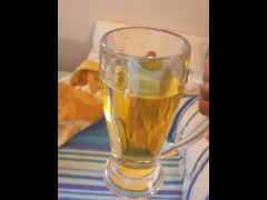 Daddy piss a ton of pee in a huge glass of beer also cum and spit inside to humiliate you slut
