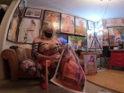 Preview 2 of Giant S Cup Fake Tits Cross Dresser Decorating Playroom In Fishnets Corset and Heels Cum in Glass