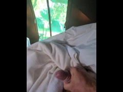 Risky public wank in campsite tent.