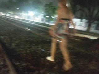 Under dress vagina without panties to cars and train track in busy Street hard anal sex under rain