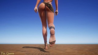 オイルの女の子はゆっくりと砂漠を歩き、足とお尻を見せます- 野生動物