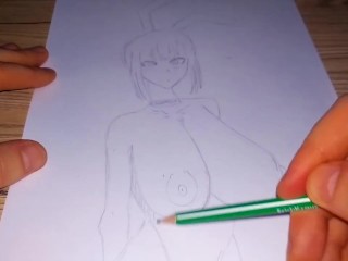 Рисуем девочку-зайчика с огромными сиськами простым карандашом