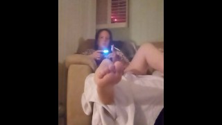 Busty Long Hair Brunette In Bra and Panties Playing Smoking Cigarettes and Playing PlayStation Again