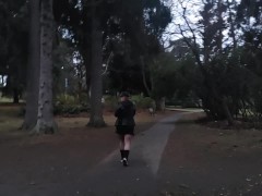 Milf fingers wet pussy on bridge beside public duck pond