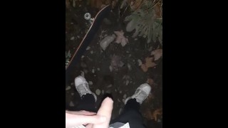 Skater jerking off in the park at night