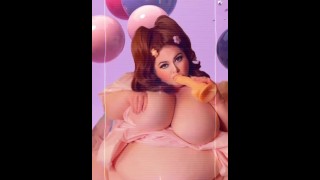 Fat Girl with Huge Tits and Belly Sucks Candy and a Toy