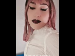 Beautiful ladyboy in stockings and stilettos shows off sexy feet, cock and ass