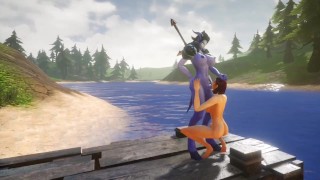 Futa Draenei se folla el culo de una chica junto a un Lake | Parodia porno de Warcraft