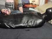 Preview 1 of HUGE CUM IN SACK AFTER FOOT SMOTHERING AND LATEX HANDJOB IN CHASTITY LOCKED IN RUBBER HOOD BREATH