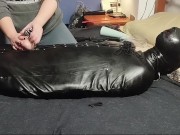 Preview 4 of HUGE CUM IN SACK AFTER FOOT SMOTHERING AND LATEX HANDJOB IN CHASTITY LOCKED IN RUBBER HOOD BREATH