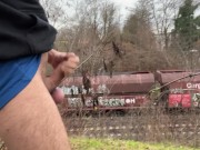 Preview 6 of Next to the public tracks flashing big cock and masturbating on New Year's Eve