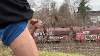 Next to the public tracks flashing big cock and masturbating on New Year's Eve