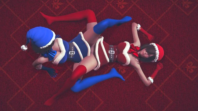 Girls in Christmas costumes rub their pussies and cum