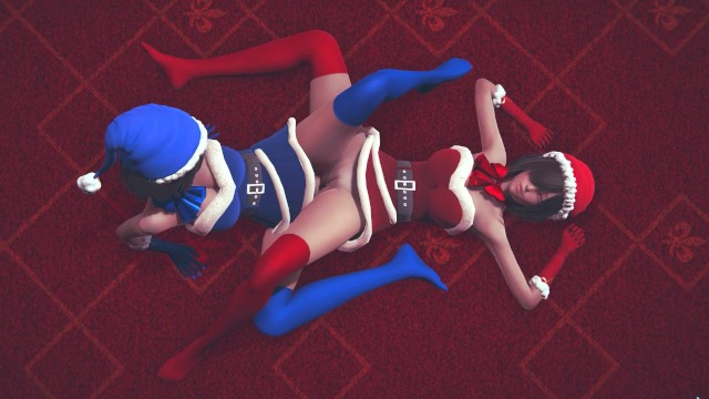 Girls in Christmas costumes rub their pussies and cum