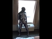 Preview 1 of skeleton jerking off at hotel window watching truck drivers get ready for work