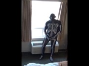 Preview 5 of skeleton jerking off at hotel window watching truck drivers get ready for work