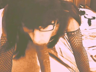 Goth Sissy Whore in Glasses gives BBC a Quick Blowjob before Work