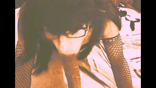 Goth Sissy Whore in Glasses Gives BBC a Quick Blowjob Before Work