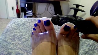 Blue long toenails pumping dick and fucking myself with dildo and plug in clear heels