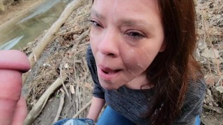Hot MILF gets HUGE facial after outdoor blowjob, and she LOVES it!!!