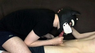 Guy in puppy mask sucks and jerk off his friend's cock
