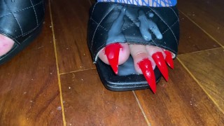 Long toenails claws in mules and fishnets covered in sperm