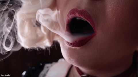 smoking fetish: solo sexy video of hot blonde bratty MILF Arya Grander glaminatrix close up red lips