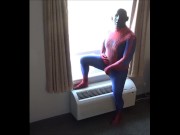 Preview 5 of spiderman in black silicone mask jerking off at hotel window