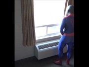 Preview 6 of spiderman in black silicone mask jerking off at hotel window
