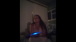 Cute Brunette Gamer Girl Smoking Cigarettes and Plays PlayStation