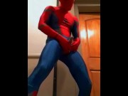 Preview 1 of spiderman jerks off in hotel hallway and cums