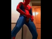 Preview 2 of spiderman jerks off in hotel hallway and cums