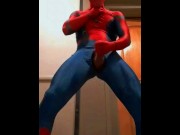 Preview 3 of spiderman jerks off in hotel hallway and cums