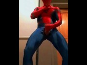 Preview 4 of spiderman jerks off in hotel hallway and cums