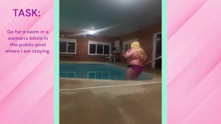 Dare: Chub Sissy nage en bikini dans une piscine publique