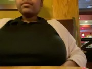 Preview 1 of Big titty Applebee's girl pulls tits out at work