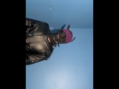 Latex puppy uses ESTIM and cums