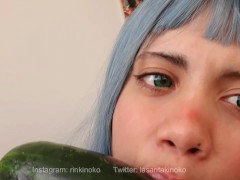 Cute teen gets turned on by a cucumber and starts giving it a blowjob like it's your dick.