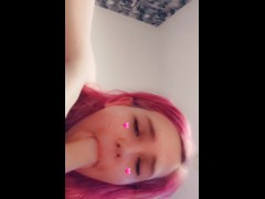 Pink Haired SLUT Sucks Dildo While Pleasured from BEHIND 💕