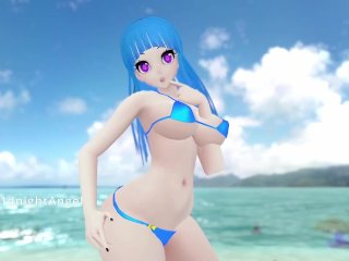 solo female, beach, blue hair, purple eyes