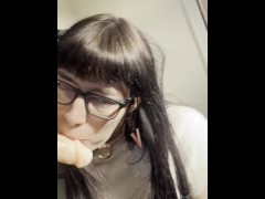 nerdy goth girl sucks strapon dick and gets slapped around