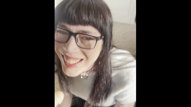 nerdy goth girl sucks strapon dick and gets slapped around