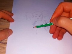 Cheerful Japanese woman with lush tails pisses standing up