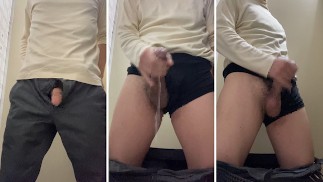 Японский офисный работник дрочит в общественном туалете, потому что не может перестать быть возбужденным.