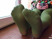 Preview 1 of Cozy Mistress Legs in green pantyhose foot teasing