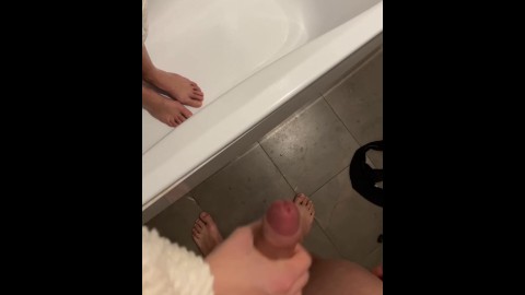 POV peeping as my girlfriend washes in the shower and jerks off my dick