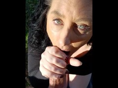 Whore wife making her pussy cum by the river then gets fucked doggy style and gets a cum on her face